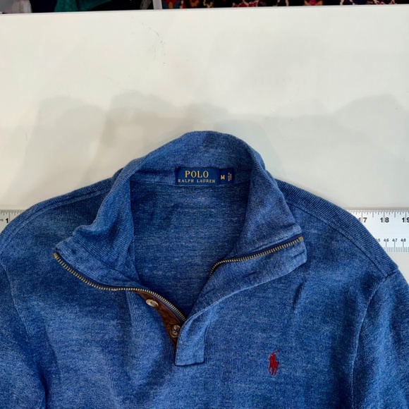 Polo Ralph Men’s Lauren Blue cotton 1/4 zip sweater. Size M. suede patches/trim. - Picture 7 of 10